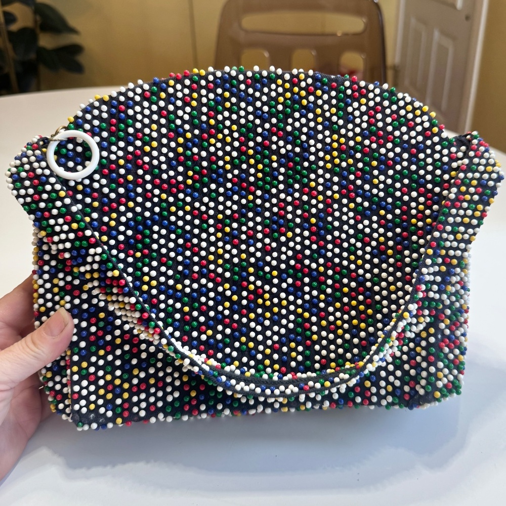 Vintage 1960s small beaded purse, black, primary colours candy dots, top zipper